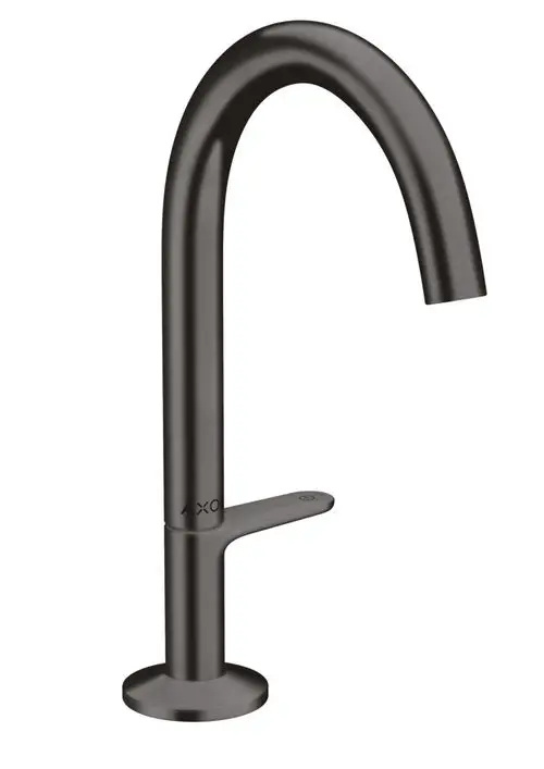 Waschtischmischer von AXOR in gebürstetem Schwarzchrom mit einem hohen, geschwungenen Auslauf und einem seitlichen Bedienhebel für die Wassersteuerung.